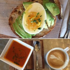 avocado toast, tomato soup and coffee