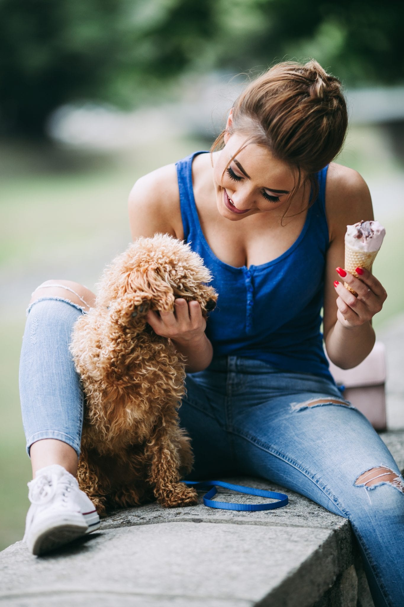 Beautiful smiling young woman eating ice cream and enjoying with her little  red poodle puppy. - Visit Tri-Valley