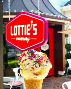 ice cream cone with sprinkles in front of otties creamery danville
