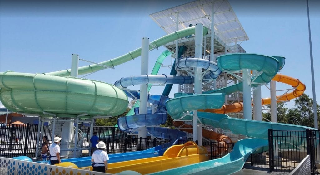 Water slides at The Wave waterpark in Dublin, CA.