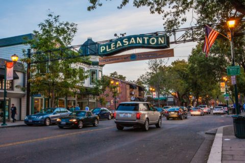 Downtown Pleasanton arch at nighttime