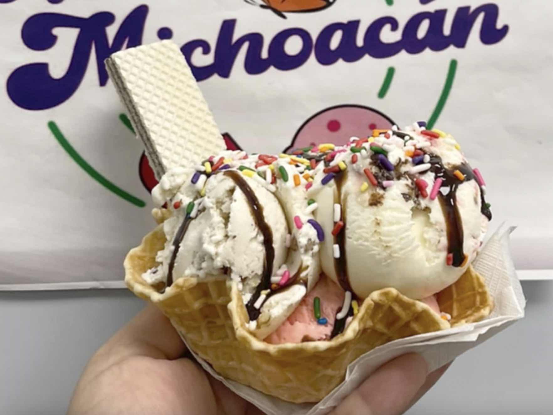 Two scoops of ice cream in a waffle bowl with whipped cream, chocolate syrup, and rainbow sprinkles.